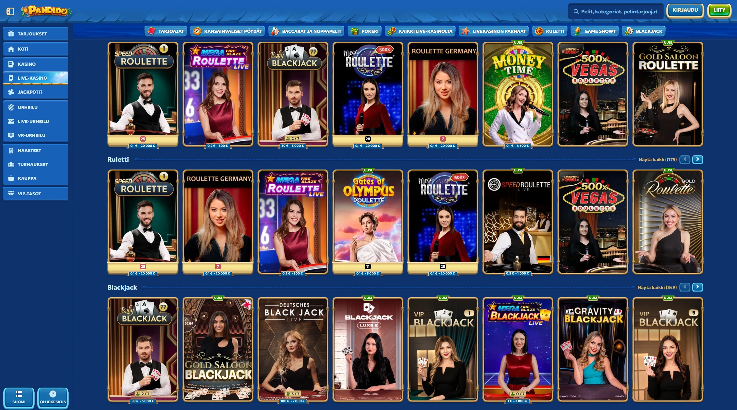 Pandido live casino ja pöytäpelit